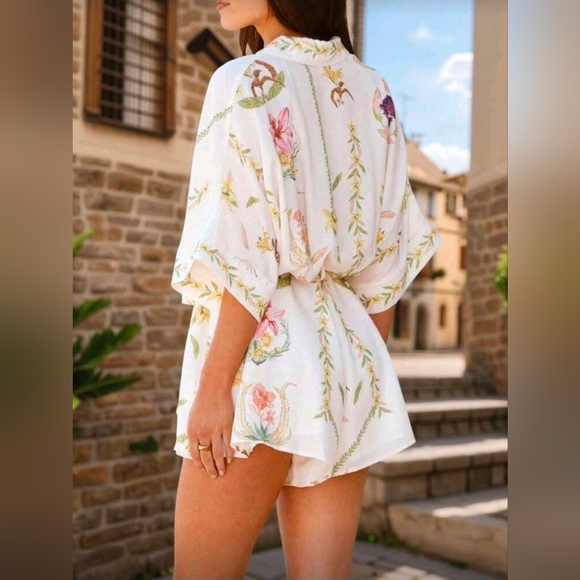 Women's Floral Print Summer Top & Shorts Set, Elegant Waist Tie Romper - Picture 2 of 5